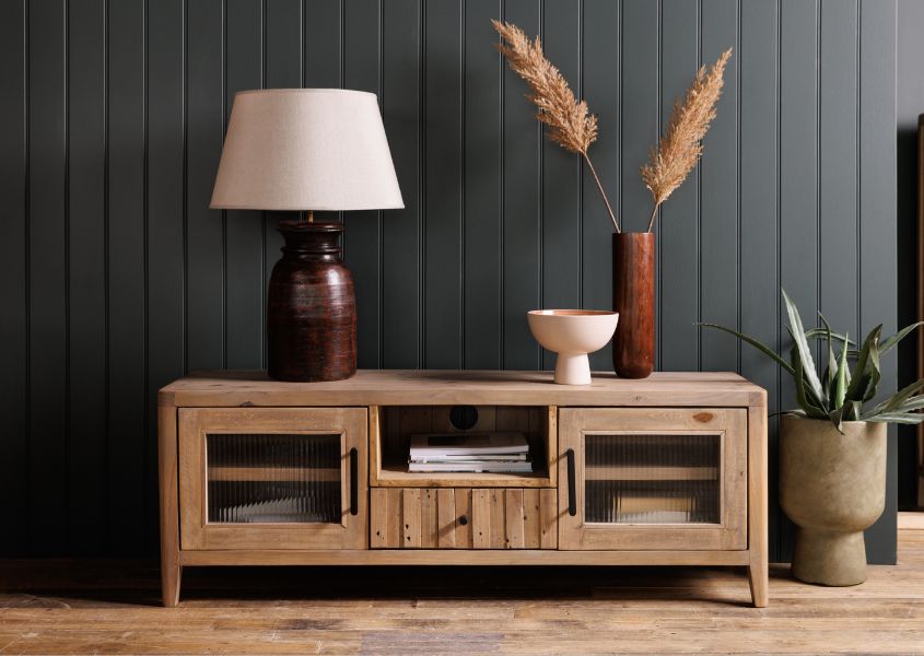 wooden tv unit with two cupboards - reclaimed