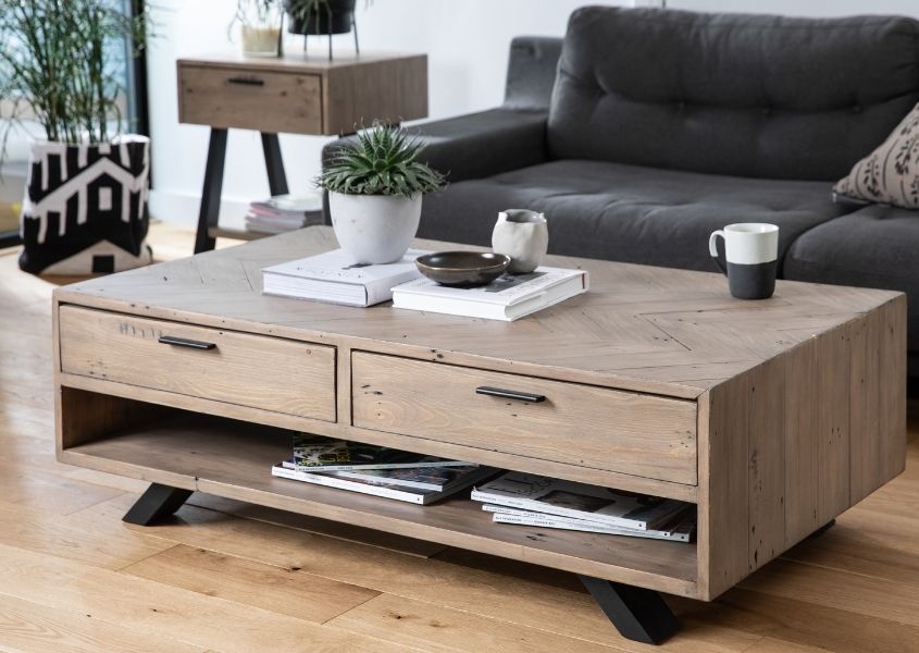 Reclaimed wood coffee table with two deep drawers and bottom shelf