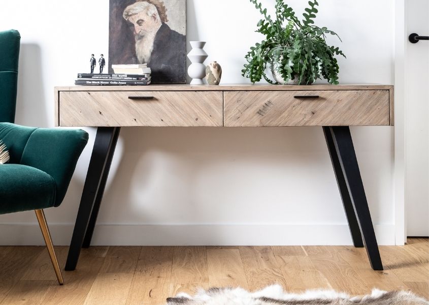 Reclaimed wood console table with tall black painted legs