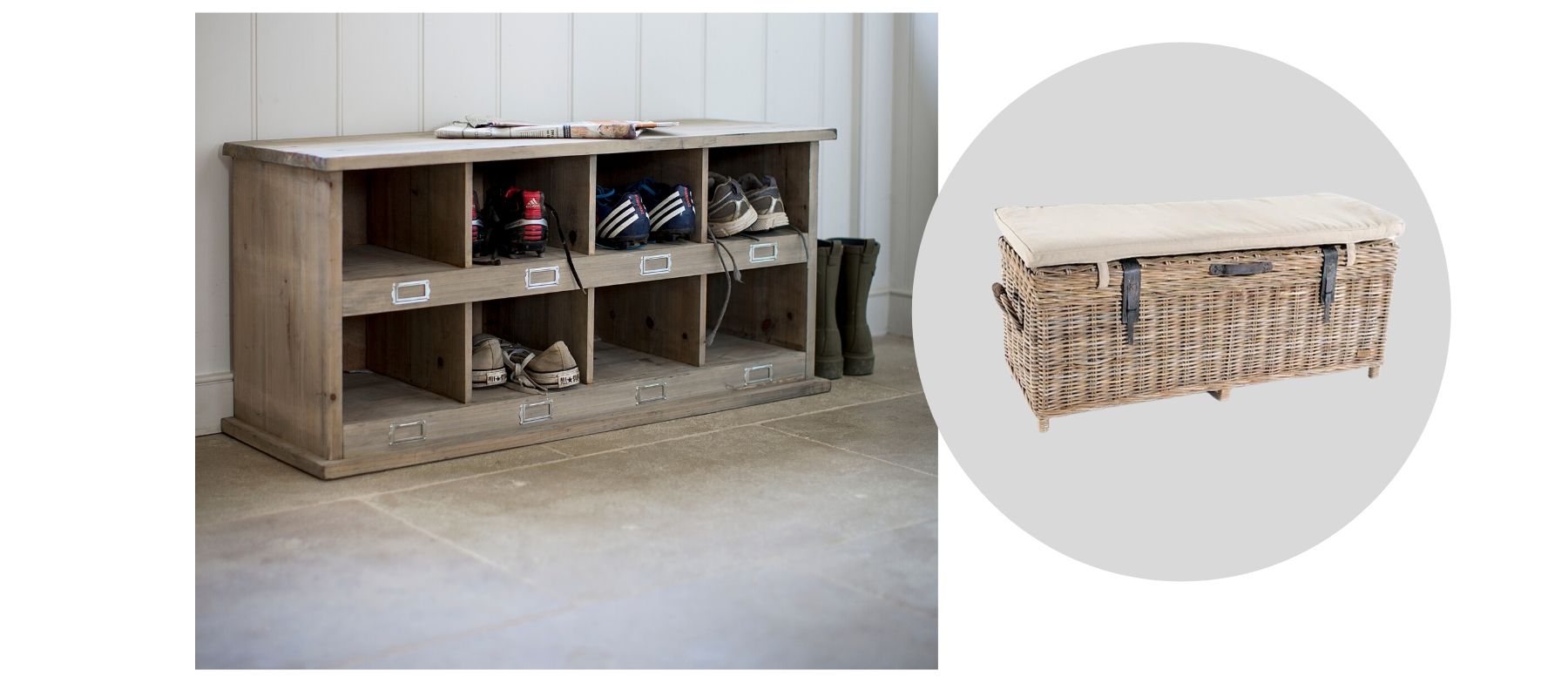 Wooden boot storage and wicker basket