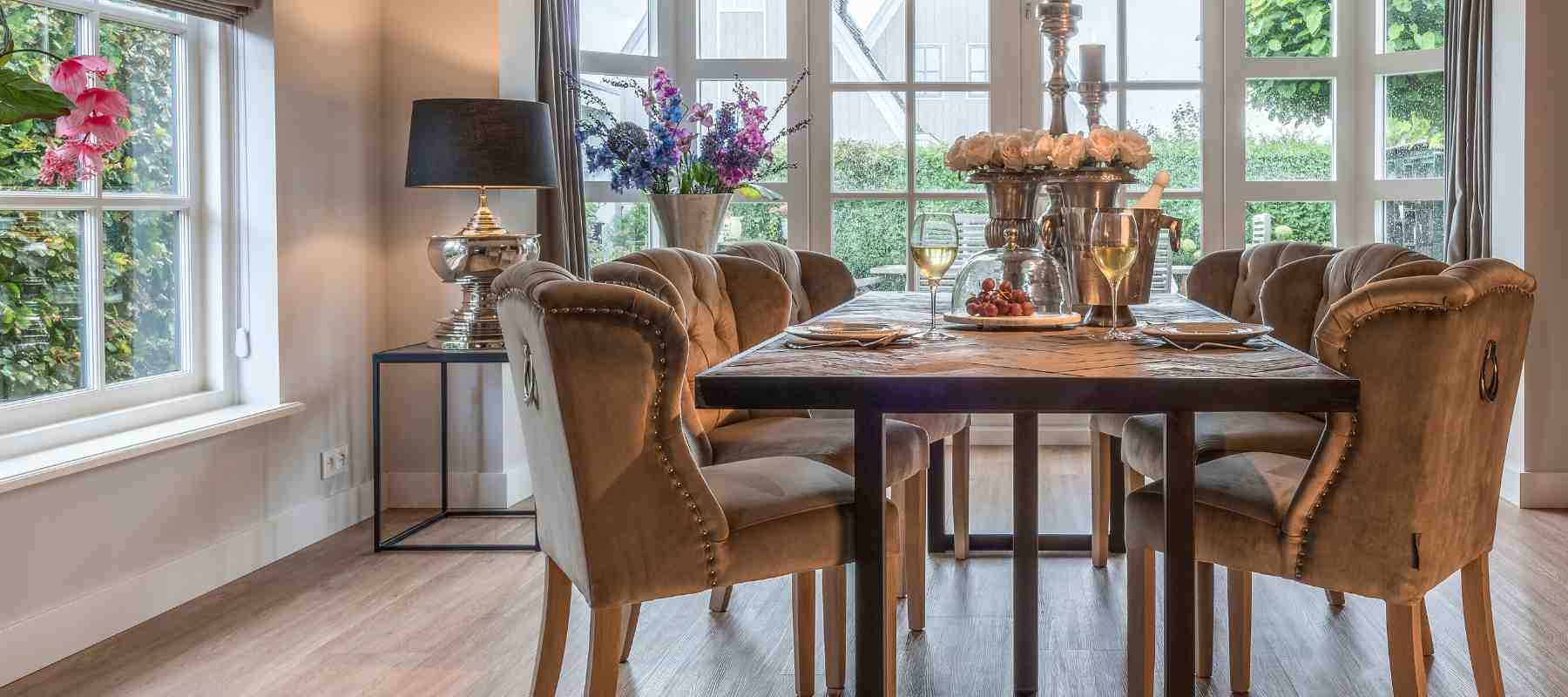 Herringbone reclaimed wood dining table and chairs