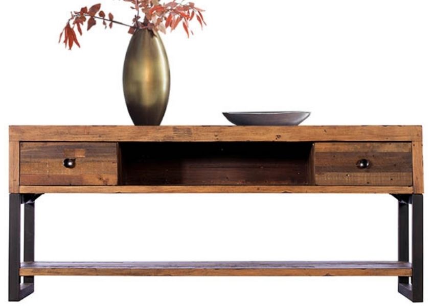 Cut out of reclaimed wood industrial tv table with two drawers