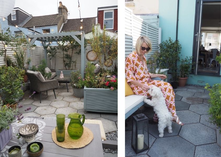 patio garden with plants and grey painted pergola
