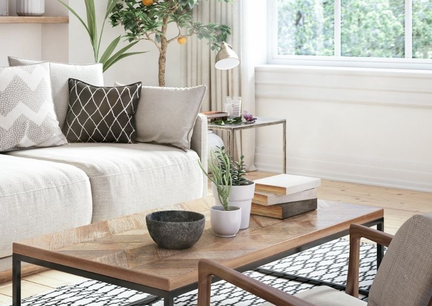 Industrial coffee table with books and plants