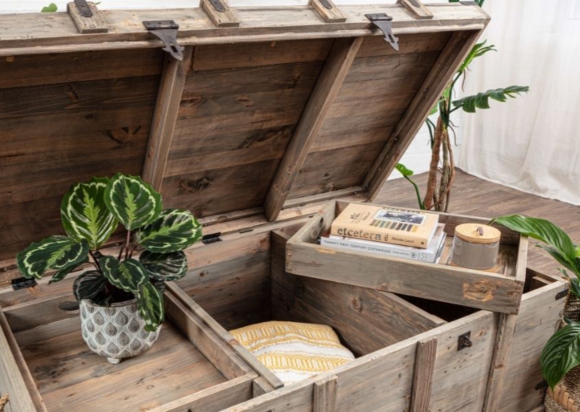 Reclaimed wood coffee table chest with removable tray inserts