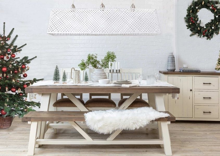 reclaimed wood dining table with Christmas tree