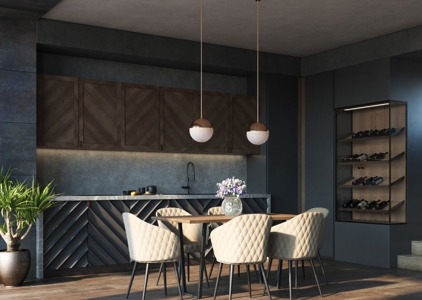 industrial dining table in dark industrial style kitchen