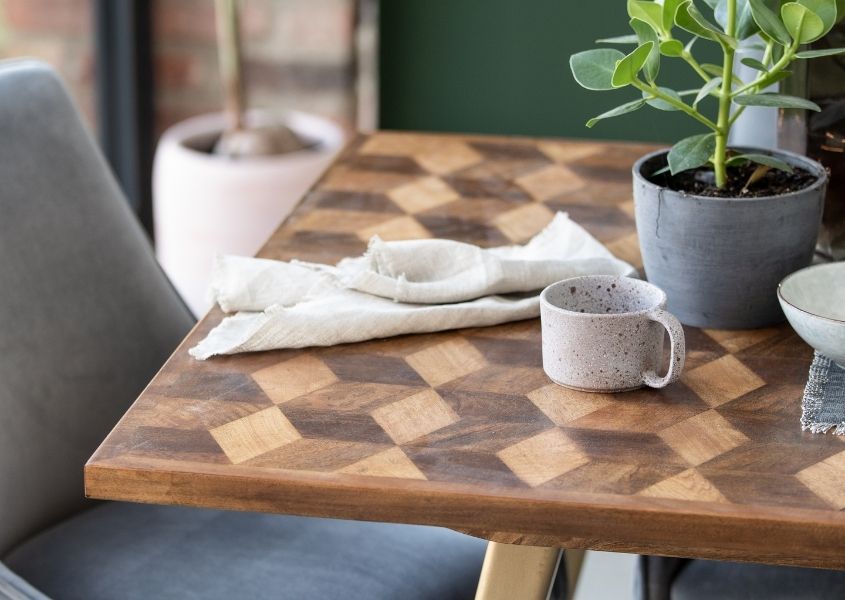 top of mango wood dining table with diamond pattern