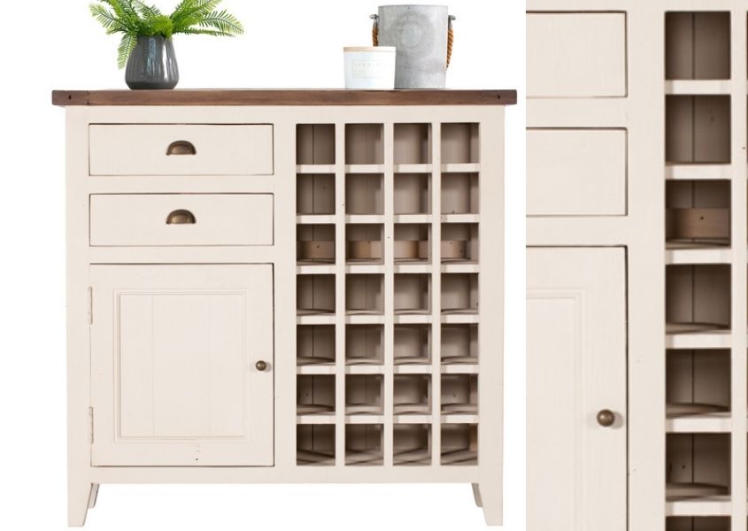 Cut out of white reclaimed wood sideboard with wine rack and close up of cabinet