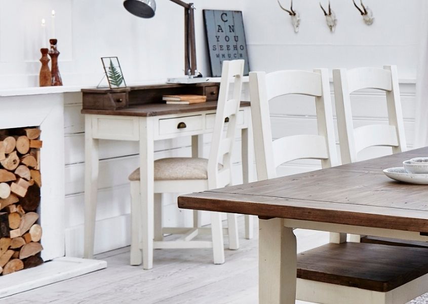 white painted reclaimed wood writing desk with wooden chair